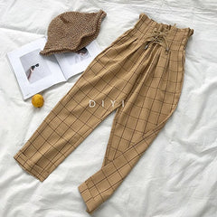 Fashion Lace Up High Waist Ankle Length Loose Plaid Harem Pants