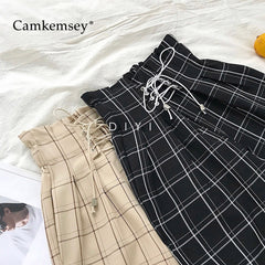 Fashion Lace Up High Waist Ankle Length Loose Plaid Harem Pants