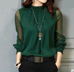 Chiffon Blouse New Women Long Sleeve Stand Neck Work Wear Shirts