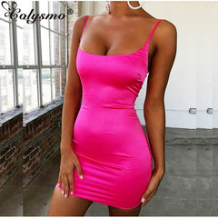 Colysmo Stretch Mini Satin Dress Women Sexy Straps Slim Fit Bodycon Party Dress Neon Green Pink Dress Summer Dreses Dual-layered