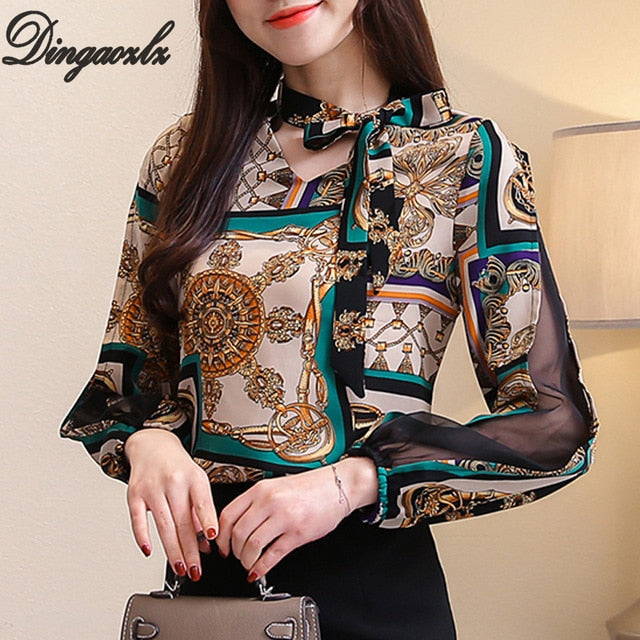 Printed Chiffon Shirt  Women blouse Spring Long sleeve