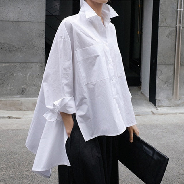 [EAM] 2020 New Autumn Winter Lapel Long Sleeve White Back Long Loose Big Size Irregular Shirt Women Blouse Fashion Tide JU847