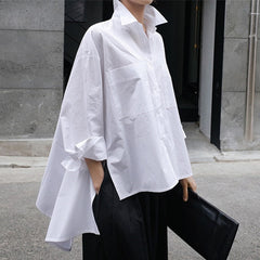 [EAM] 2020 New Autumn Winter Lapel Long Sleeve White Back Long Loose Big Size Irregular Shirt Women Blouse Fashion Tide JU847