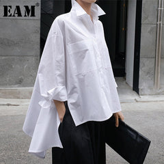 [EAM] 2020 New Autumn Winter Lapel Long Sleeve White Back Long Loose Big Size Irregular Shirt Women Blouse Fashion Tide JU847