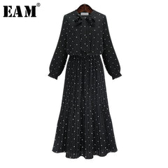 [EAM] 2020 New Spring  Round Neck Long Sleeve Solid Black Chiffon Dot Loose Big Size Dress Women Fashion Tide JA23601M