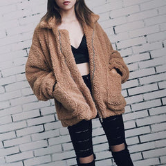 Fur Jacket Female Plush Overcoat Pocket Casual Teddy Outwear