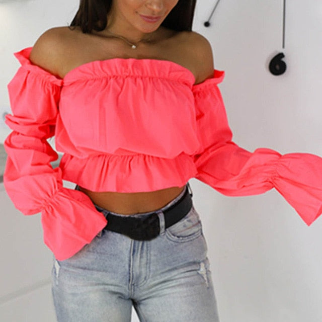 Candy Color Off Shoulder Crop Tops women