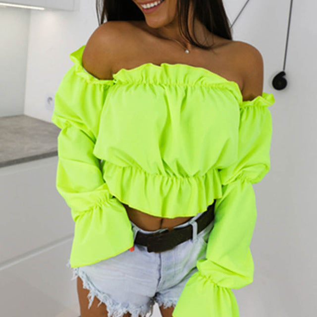 Candy Color Off Shoulder Crop Tops women