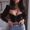 Image of Sexy Deep V-neck Black Flannel Crop top Women Elegant Bubble Sleeve