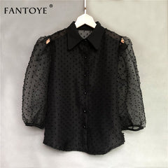 Spring New Women Chiffon Blouse Shirt Sexy Transparent Mesh