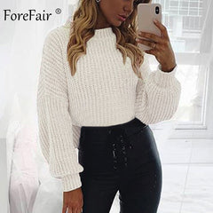 Forefair Casual Turtleneck Sweater Woman Winter Knitting Pullovers Lantern Sleeve Short Black White Knitted Solid Jumper Women