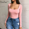 Image of Forefair Sexy Bodycon Bodysuit Long Sleeve Square Neck Sheath Open Crotch Basic White Black Red Overalls Women Body Top