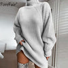 Image of Forefair Turtleneck Long Sleeve Sweater Dress Women Autumn Winter Loose Tunic Knitted Casual Pink Gray Clothes Solid Dresses