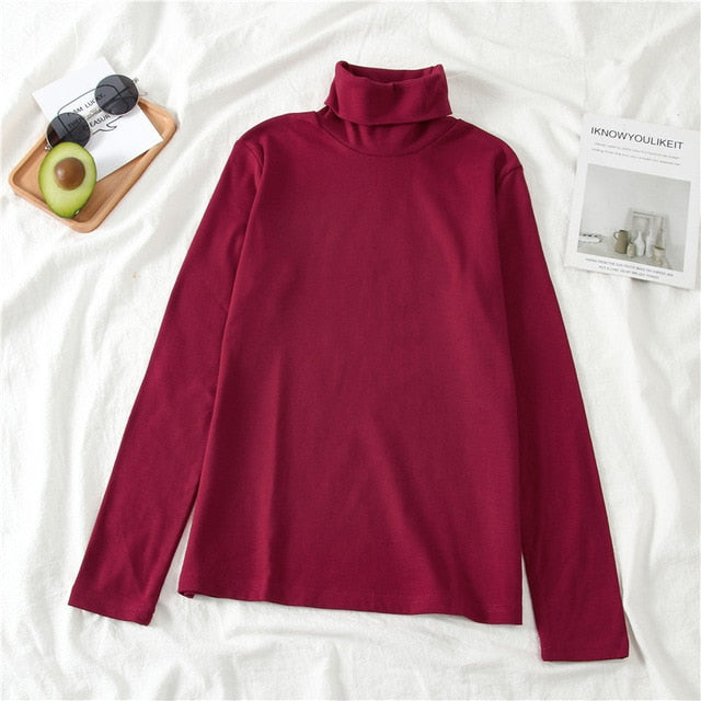 GCAROL New Arrival Fall Winter Women Turtleneck Basic Slim Full Sleeve Shirt Stretch Vintage Render Unlined Upper Garment