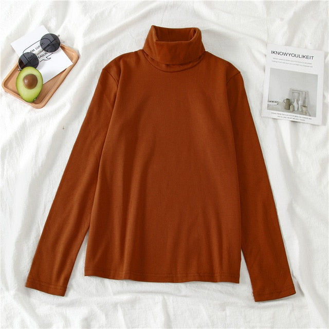 GCAROL New Arrival Fall Winter Women Turtleneck Basic Slim Full Sleeve Shirt Stretch Vintage Render Unlined Upper Garment