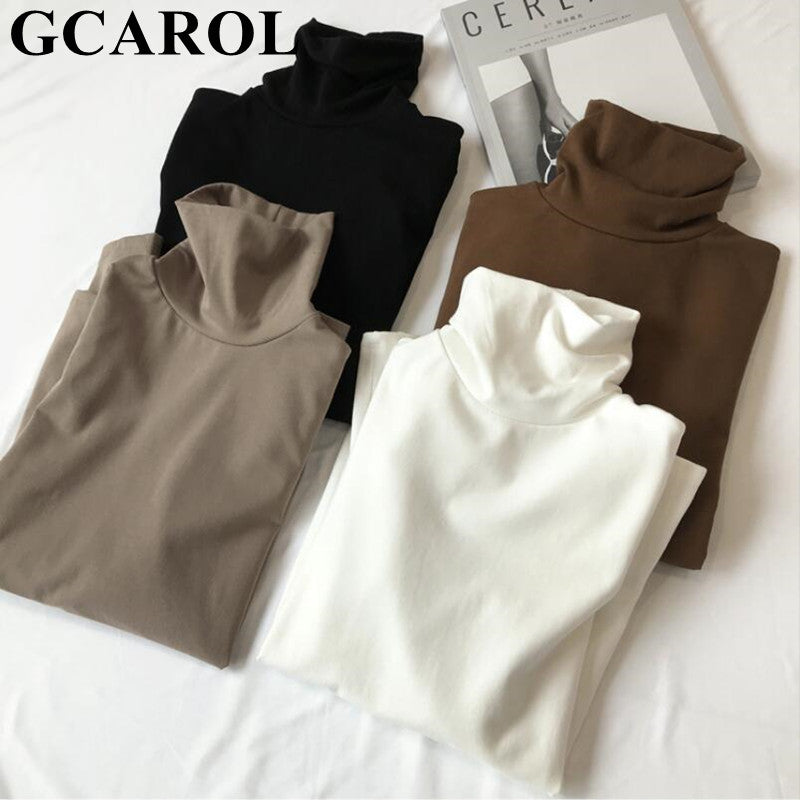 GCAROL New Arrival Fall Winter Women Turtleneck Basic Slim Full Sleeve Shirt Stretch Vintage Render Unlined Upper Garment