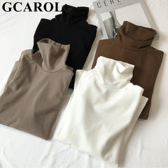 GCAROL New Arrival Fall Winter Women Turtleneck Basic Slim Full Sleeve Shirt Stretch Vintage Render Unlined Upper Garment