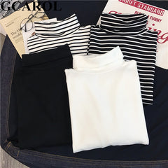 GCAROL Women T-shirt Turtleneck Striped Full Sleeve Stretch Basic Drop Shoulder Undershirt Basic Perfect Pullover M-XL