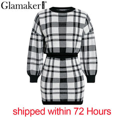 Glamaker Plaid knitted two-piece suit sexy autumn Dress women elegant winter sweater dress Sexy female fashion party short dress