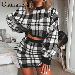 Glamaker Plaid knitted two-piece suit sexy autumn Dress women elegant winter sweater dress Sexy female fashion party short dress