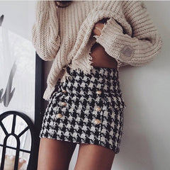 HIGH STREET New Fashion 2018 Runway Designer Skirt Women's Lion Buttons Double Breasted Tweed Wool Houndstooth Mini Skirt