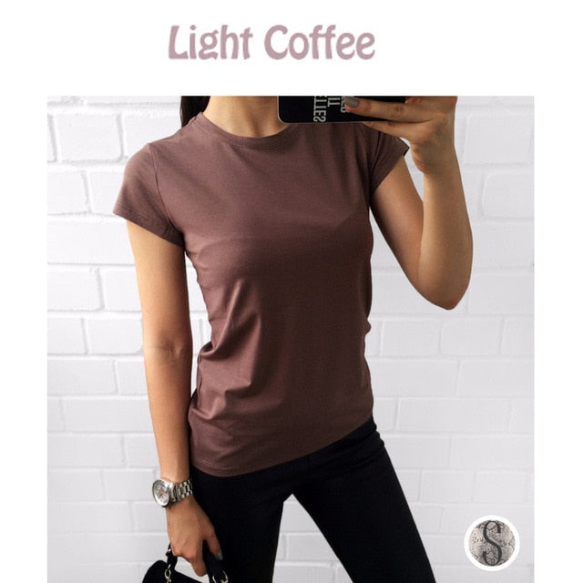 Plain T Shirt Women Cotton Elastic Basic T-shirts Female Casual Short Sleeve T-shirt