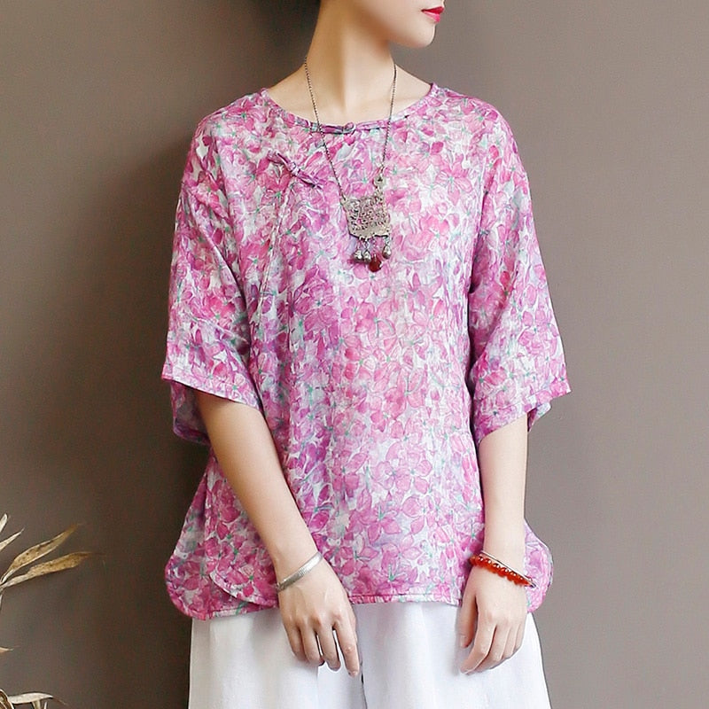 High end pure Ramie women's coat summer thin color pure hemp shirt half sleeve loose retro Chinese disc buckle