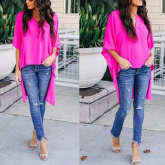 Hot Women Blouses Summer Elegant Irregular V-Neck Chiffon