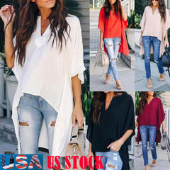 Hot Women Blouses Summer Elegant Irregular V-Neck Chiffon