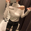 Image of Knitted Sweater Off Shoulder Pullovers Sweater for Women Long Sleeve Turtleneck Female Jumper Black White Gray Sexy Clothing