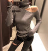 Image of Knitted Sweater Off Shoulder Pullovers Sweater for Women Long Sleeve Turtleneck Female Jumper Black White Gray Sexy Clothing