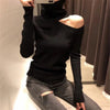 Image of Knitted Sweater Off Shoulder Pullovers Sweater for Women Long Sleeve Turtleneck Female Jumper Black White Gray Sexy Clothing