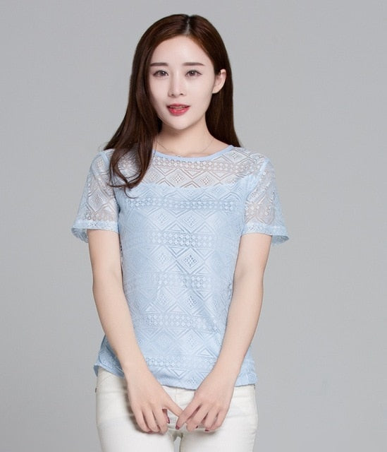 Ladies office Shirt Women White Lace Blouse Short Sleeve