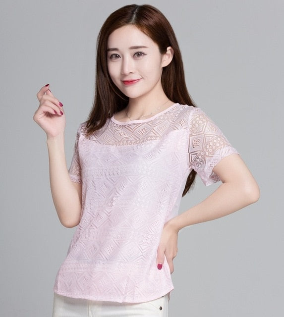 Ladies office Shirt Women White Lace Blouse Short Sleeve
