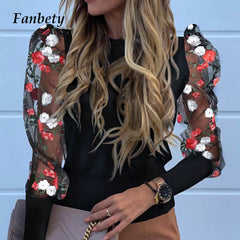 Lady Embroidery Lantern Sheer Mesh Sleeve Blouse shirts