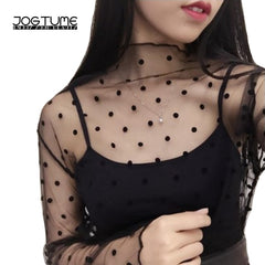 Lady Sexy Mesh Blouse Women Long Sleeve Stand Collar