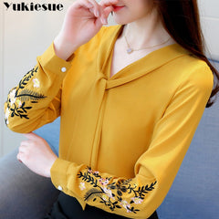 Long sleeve embroidery chiffon blouse women's and blouses shirt