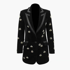 Luxury Designer European Style Spring Fall Bees Beading Long Blazers Notched Black Velvet Slim Diamonds Plus Size Blazer