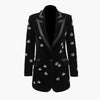 Image of Luxury Designer European Style Spring Fall Bees Beading Long Blazers Notched Black Velvet Slim Diamonds Plus Size Blazer