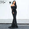 Image of Missord 2019 Sexy Off Shoulder Feather LongSleeve Sequin floor length Evening party Maxi Reflective  Dress Vestdios FT19005