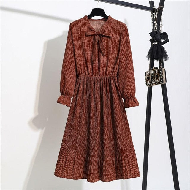 New Chiffon summer Dress Women Bow Spring Small Floral Long Sleeve Polka Elastic Waist Leopard Vintage Pleated Collar Vestidos