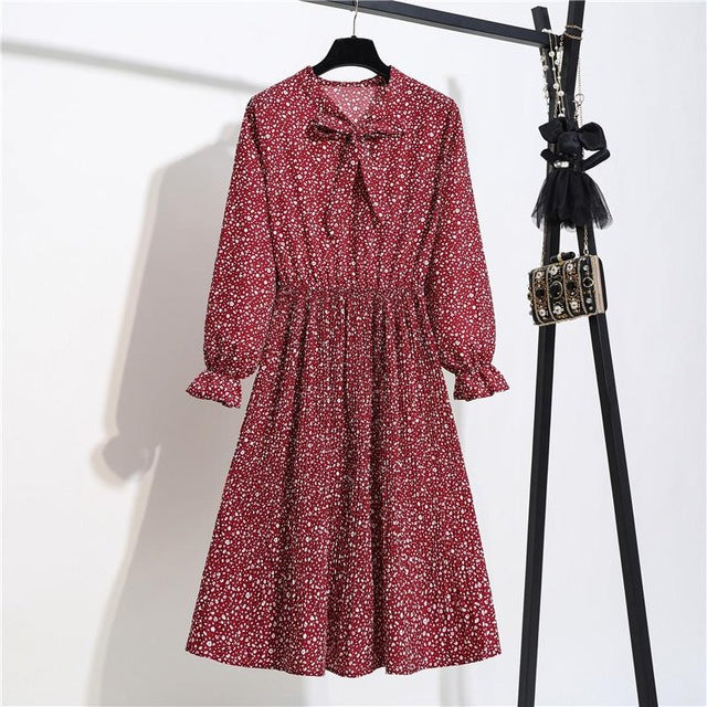 New Chiffon summer Dress Women Bow Spring Small Floral Long Sleeve Polka Elastic Waist Leopard Vintage Pleated Collar Vestidos