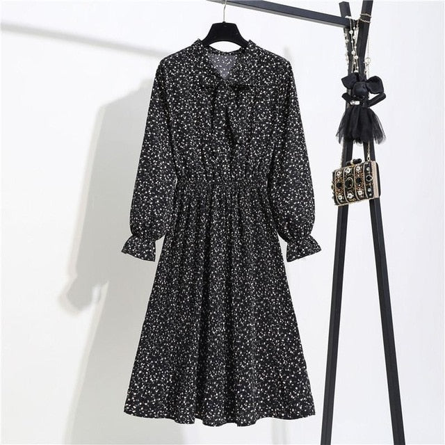 New Chiffon summer Dress Women Bow Spring Small Floral Long Sleeve Polka Elastic Waist Leopard Vintage Pleated Collar Vestidos