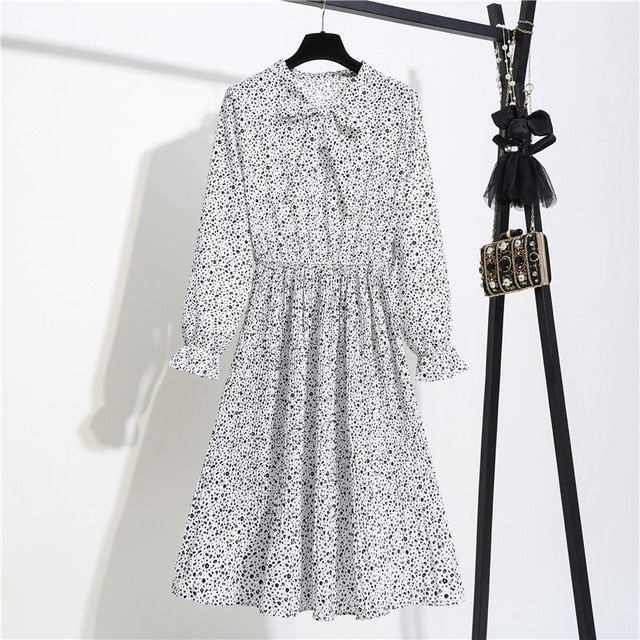 New Chiffon summer Dress Women Bow Spring Small Floral Long Sleeve Polka Elastic Waist Leopard Vintage Pleated Collar Vestidos