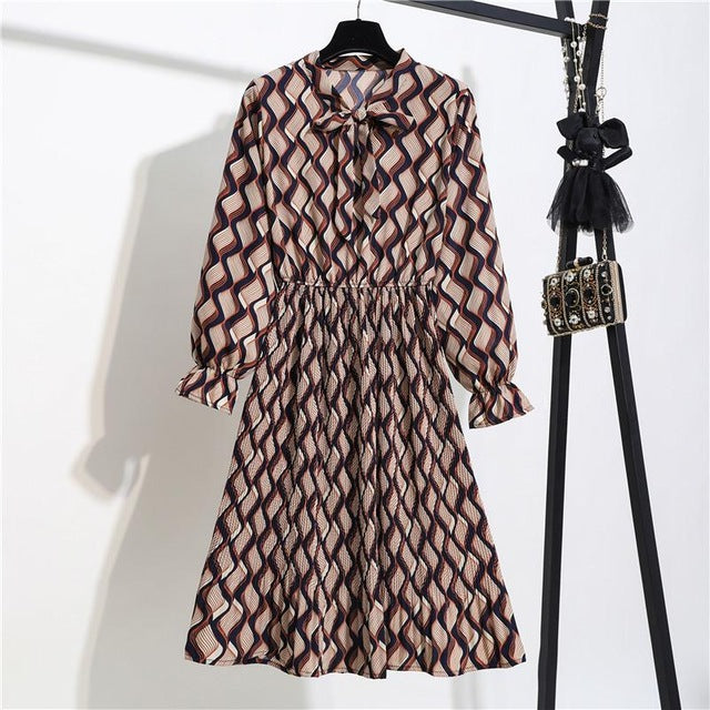 New Chiffon summer Dress Women Bow Spring Small Floral Long Sleeve Polka Elastic Waist Leopard Vintage Pleated Collar Vestidos
