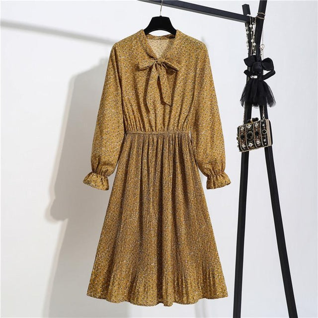 New Chiffon summer Dress Women Bow Spring Small Floral Long Sleeve Polka Elastic Waist Leopard Vintage Pleated Collar Vestidos