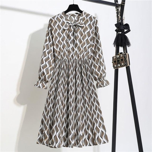 New Chiffon summer Dress Women Bow Spring Small Floral Long Sleeve Polka Elastic Waist Leopard Vintage Pleated Collar Vestidos