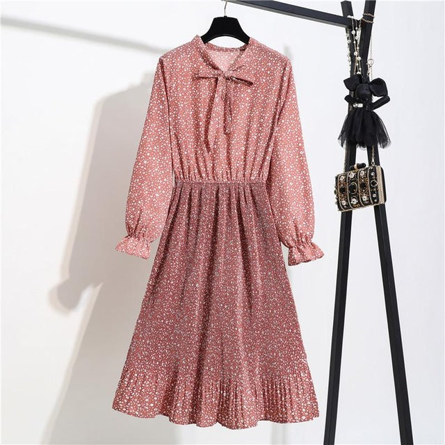 New Chiffon summer Dress Women Bow Spring Small Floral Long Sleeve Polka Elastic Waist Leopard Vintage Pleated Collar Vestidos