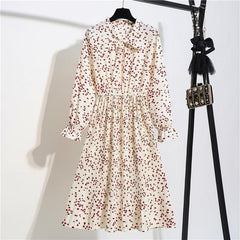 New Chiffon summer Dress Women Bow Spring Small Floral Long Sleeve Polka Elastic Waist Leopard Vintage Pleated Collar Vestidos