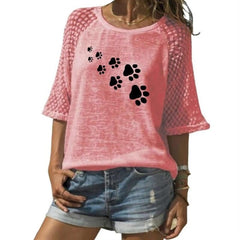 New  T-Shirt For Women Lace Crew Neck T-Shirt DOG PAW Letters Print T-Shirt Women Summer Graphic Tees Streetwear